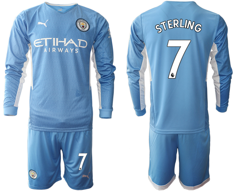 Men 2021-2022 Club Manchester city home Light blue Long Sleeve #7 Soccer Jersey->manchester city jersey->Soccer Club Jersey